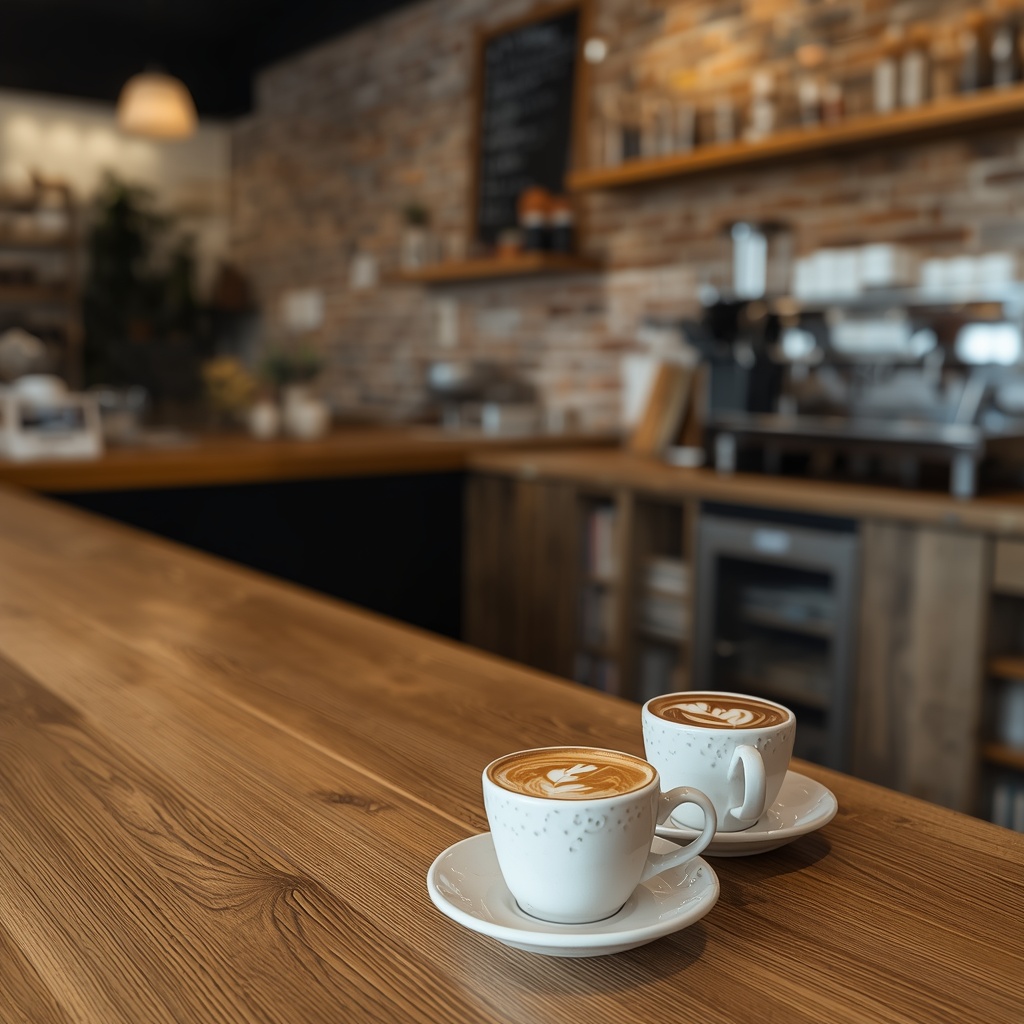 A warm artisan coffee shop interior with exposed brick walls, wooden countertops, and freshly brewed coffee in ceramic cups